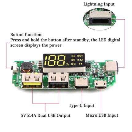 QC Dual USB 5V 2.4A Micro Type C Lightning USB Power Bank Kit With LED Display In Pakistan