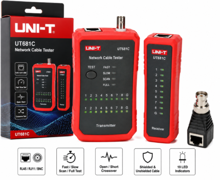 UNI-T UT681C Network Cable Tester – RJ45 / RJ11 / BNC, Fast/Slow/Scan/Full Test Modes, 19-LED, Open/Short/Crossover, LAN Coax Ethernet Tester In Pakistan