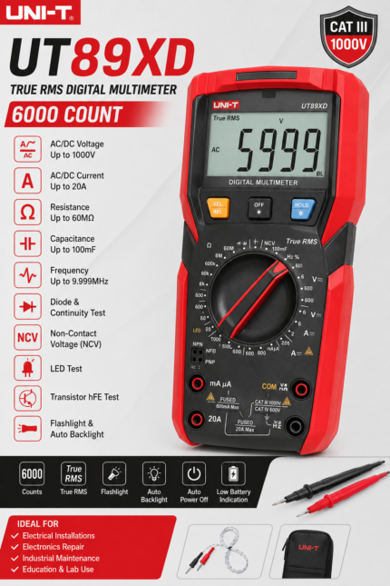 UNI-T UT89XD True RMS Digital Multimeter – 6000 Count, AC/DC 1000V, 20A, Capacitance, Temperature, LED Test, NCV, Flashlight, CAT III 1000V